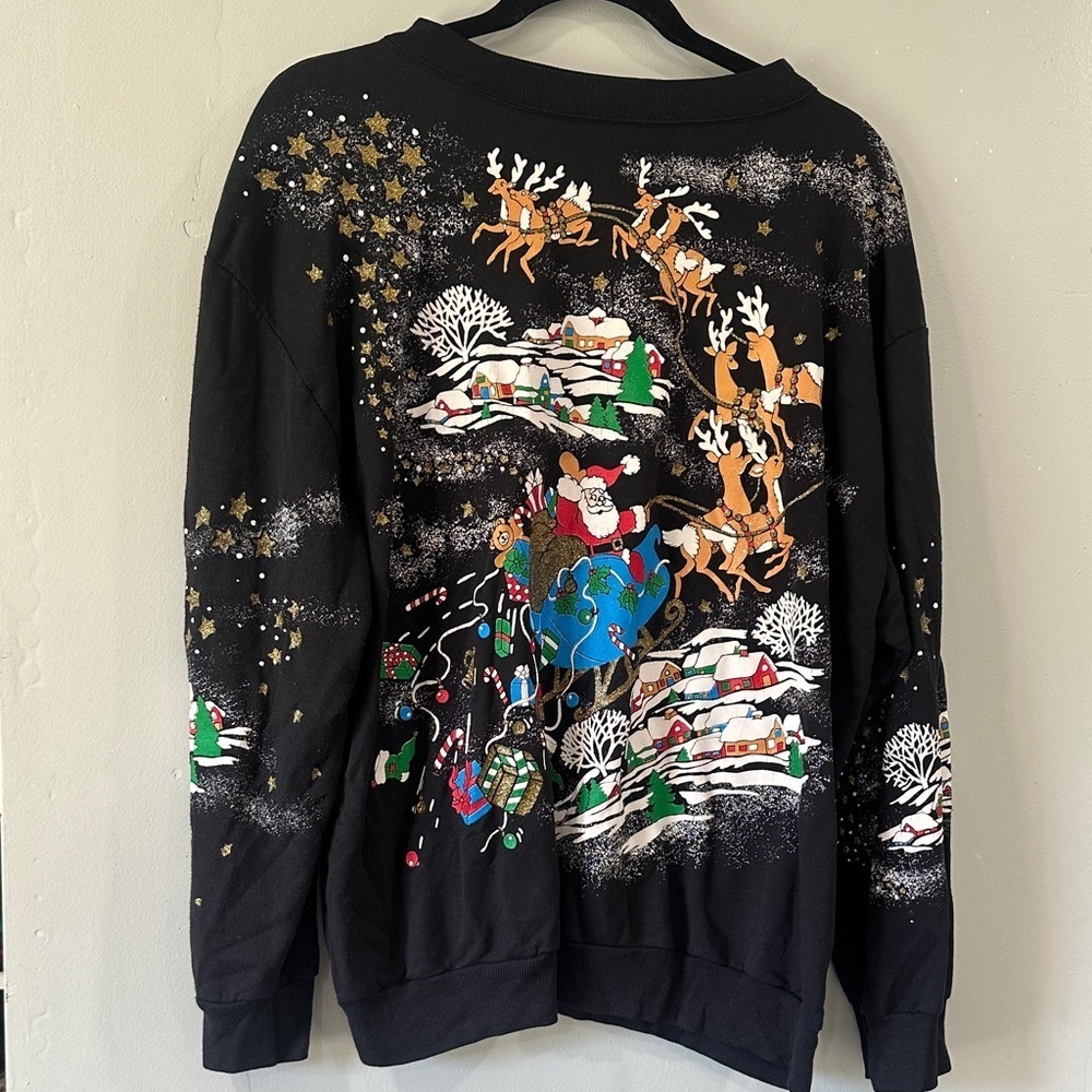 Holiday Black Sweater with Santa and Reindeer Design large USA